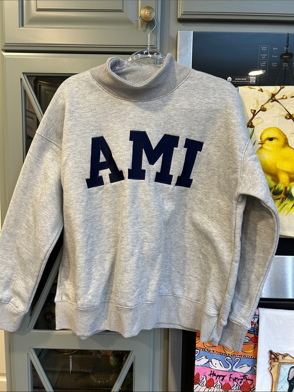 Ami Light Gray Oversized Mock-Neck Sweatshirt with Navy Logo Small NWT